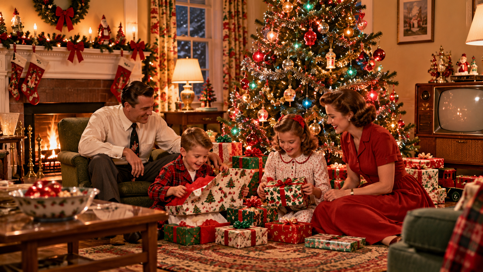 Family celebrating Christmas in a nostalgic 1950s living room