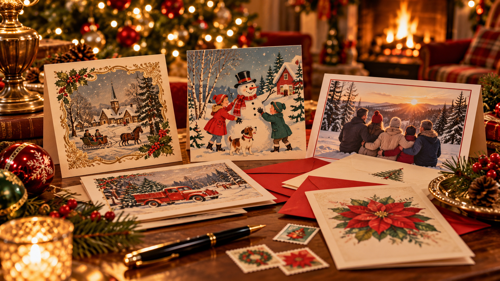 Vintage and modern Christmas cards displayed in a nostalgic holiday setting