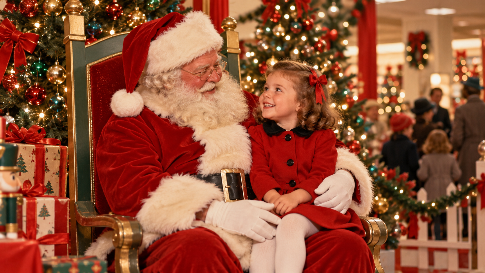 Child sitting on Santa's lap in a nostalgic department store Christmas scene