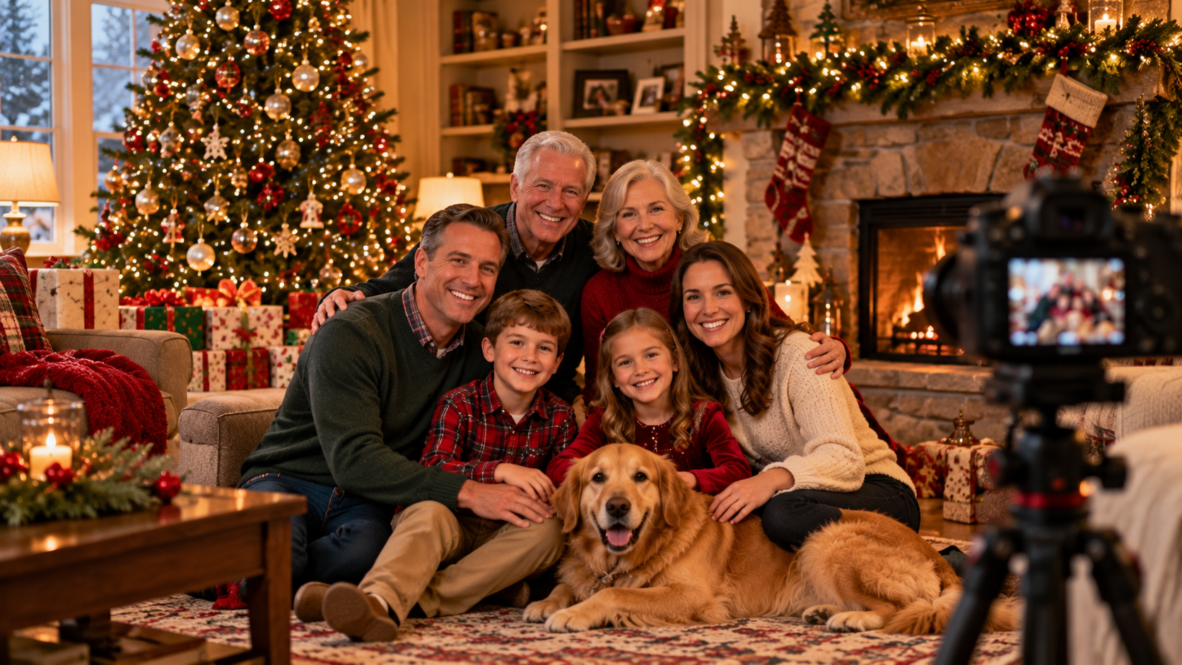 Family posing for a Christmas photo beside a decorated tree with a camera on a tripod