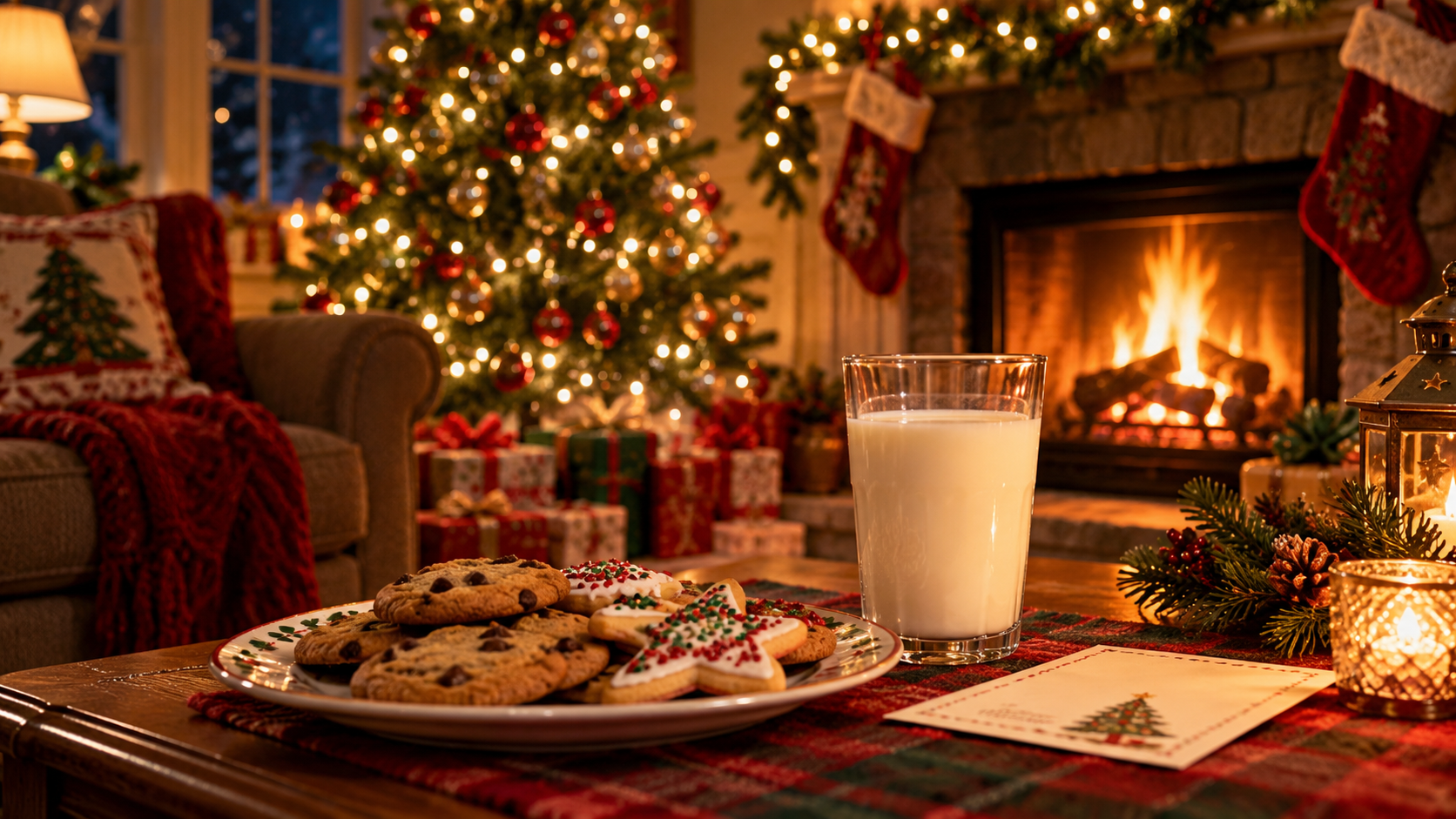 Cookies and a glass of milk waiting for Santa beside a Christmas tree and fireplace