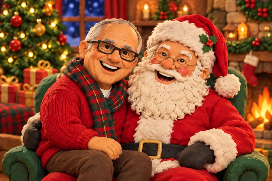 Same guest sitting on Santa's lap as sculpted clay characters